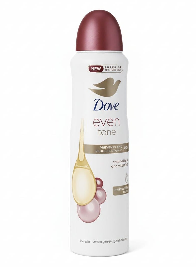 Dove deodorant spray with calendula oil and vitamin E. Evens skin tone and prevents spots. 150ml